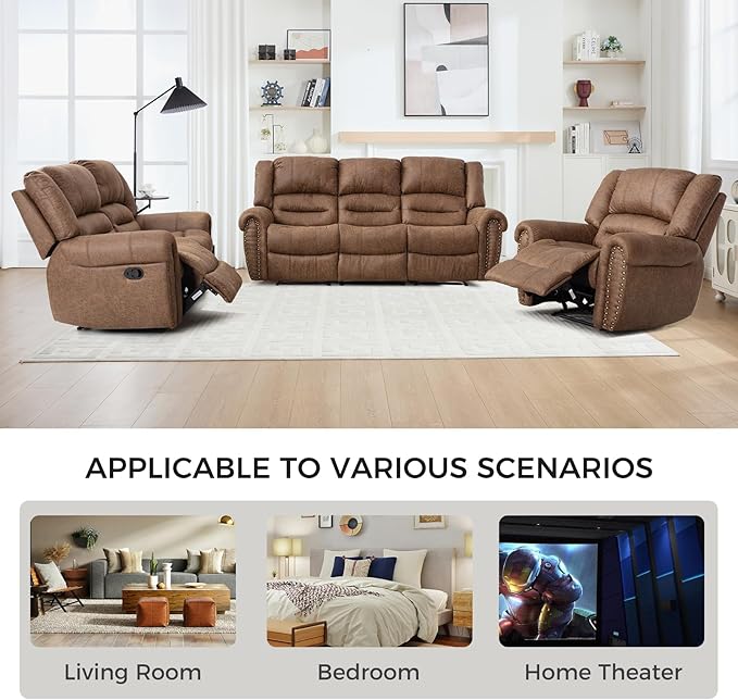 EBELLO Manual Recliner Sofa Set, Faux Leather Reclining Living Room Set, Included Two Single Recliner Chairs and One 3-seat Manual Sofa, Vintage Rivet Mid-Century Design for Living Room, Brown