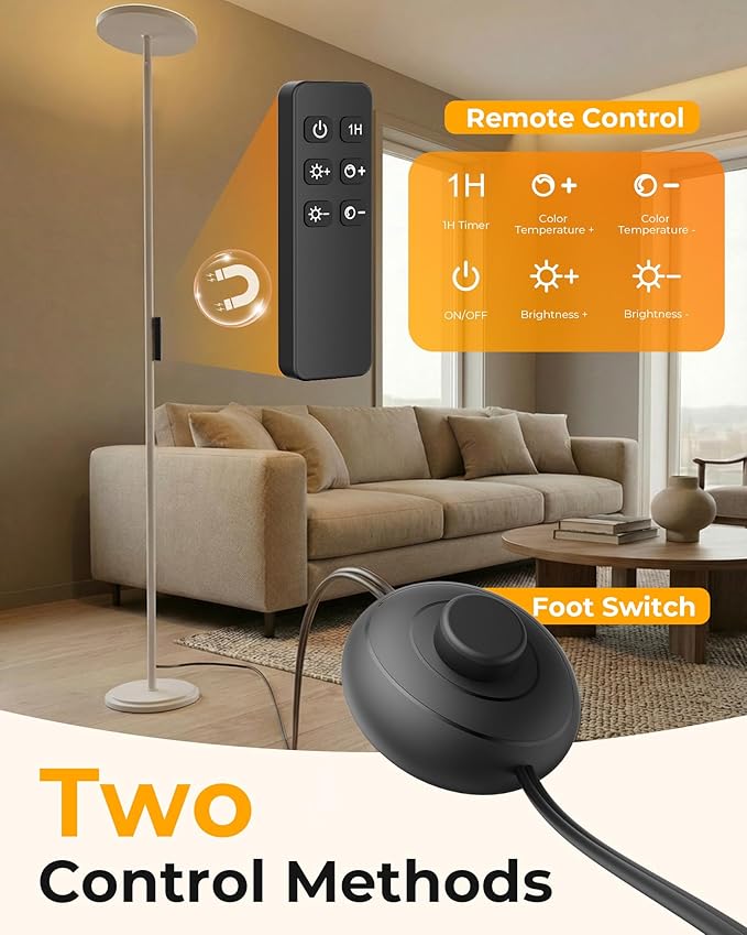 LED Floor Lamps, 2800Lm Standing Lamp Remote & Foot Switch with 1H Timer, 2700-6500K Stepless Dimmable Modern Pole Light for Bedroom, Office, Reading, White