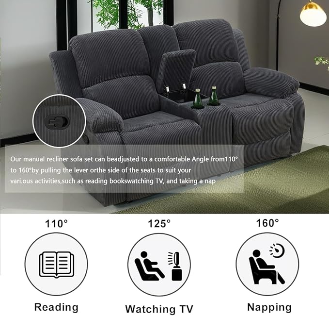 Manual Reclining Fabric Couch Living Room Furniture 2 Seater Recliner Loveseat with Cup Holders&Middle Storage Console for Home/Office/Rv Car (Grey, Loveseat)