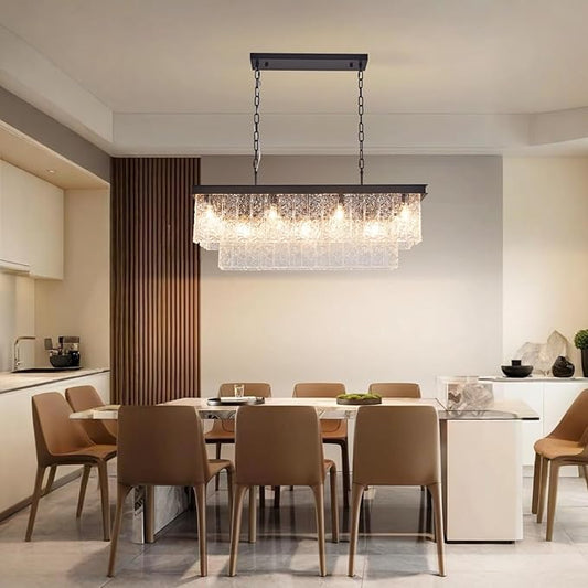 Kitchen Island Chandelier Black Rectangular, 35.4 Inch 11-Light E12 Modern Dining Room Chandelier, Water Ripple Glass Adjustable Height Hanging Ceiling Light Fixture