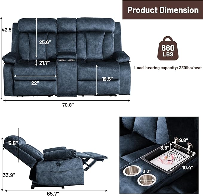 Velvet Power Reclining Sofa Set, Electric Recling Couch with Massage & Heat/Console/Cup Holder/USB & Type C, Modern Living Room Furniture Sofa Set (Blue, 3+2 Seat)