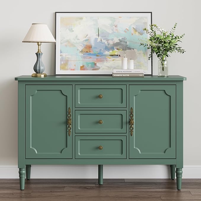 RoyalCraft Buffet Cabinet with 3 Drawers & 2 Doors, Vintage Sideboard with Storage, Mid Century Modern Painted Coffee Bar Table for Entryway, Living Room, Dining Room, Green