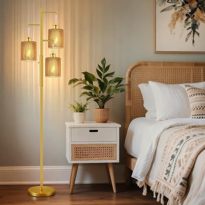Hotsonic 72" Rattan Boho Floor Lamp, Tall Dimmable Standing Lamp with Handcrafted Beige Shade, Industrial Tree Floor Lamps for Living Room, Bedroom, Study Room, Office(3x800LM LED Bulbs Included)-Gold