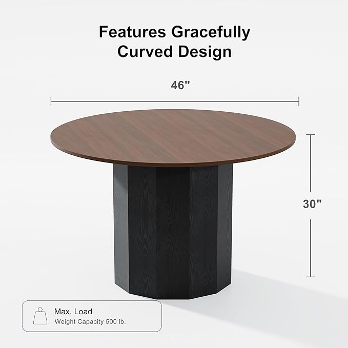Casaphoria 46 inch Round Dining Table for 4, Walnut Top with Black Cylinder Pedestal Base, Modern Farmhouse Style Kitchen Table