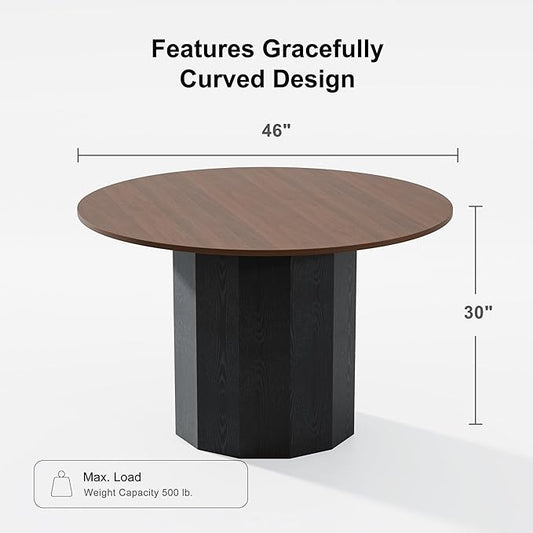 Casaphoria 46 inch Round Dining Table for 4, Walnut Top with Black Cylinder Pedestal Base, Modern Farmhouse Style Kitchen Table