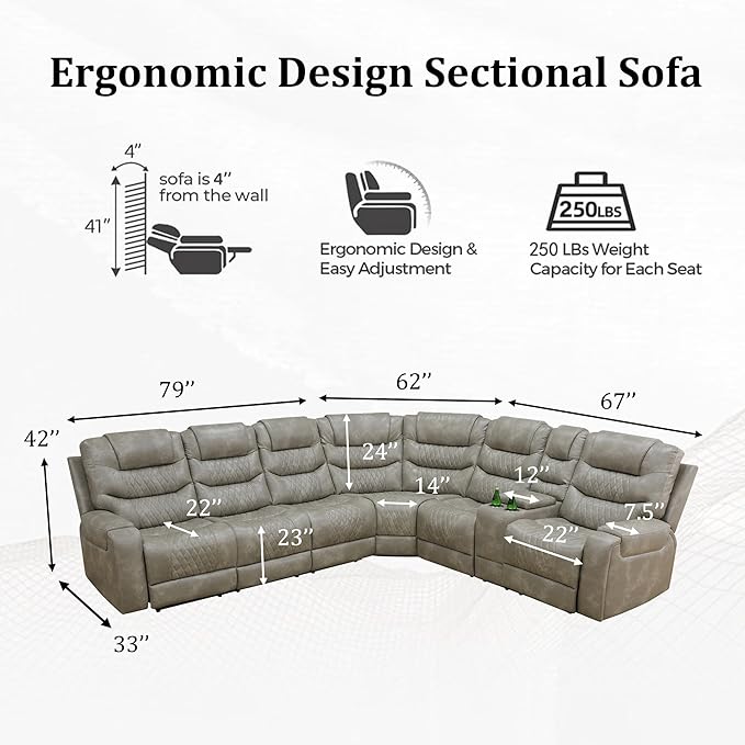 Power Recliner Sectional Sofa with LED Light, Breathing Leather Recliner Sofa Couch with Storage/Cup Holder for Living Room Home Office Theater (Grey-1)