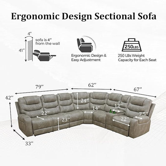 Power Recliner Sectional Sofa with LED Light, Breathing Leather Recliner Sofa Couch with Storage/Cup Holder for Living Room Home Office Theater (Grey-1)