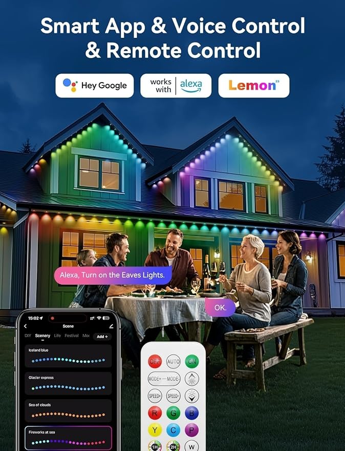 Permanent Outdoor Lights, 100ft with 72 IC+RGB LEDs, IP67 Waterproof Smart LED Eaves Lights with 48 Scene Modes for House Halloween Christmas Decor,Compatible with Alexa, Google Assistant