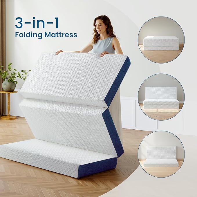 Inofia Twin Size 6 Inch Folding Mattress, Trifold Gel Memory Foam Bed, Foldable Floor Mattress with Removable Cover, Portable Floor Guest Bed for RV, Camping (75"x39"x6")