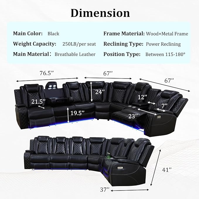 Power Recliner Sectional Sofa with LED, Breathing Leather Reclining Sectional Couch, L Shaped Couch with Dual Recliners, USB Port, Cup Holder&Storage for Living Room (Black)