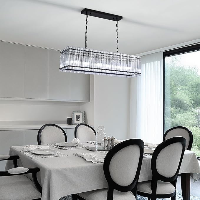 NOXARTE 40 Inch Modern Black Crystal Chandelier for Dining Room, 6-Lights Large Ribbed Glass Rectangle Chandelier Height Adjustable Rectangular Hanging Light Fixture for Living Room, Kitchen Island