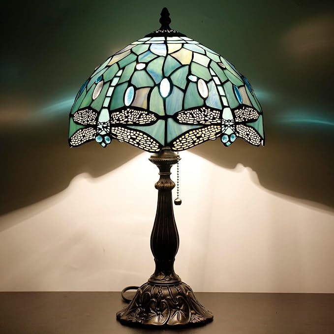 Tiffany Table Lamp Stained Glass Lamp 12X12X19 Inch Antique Reading Light (Sea Blue Dragonfly Style)