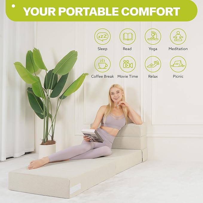Fvkind Folding Sofa Bed, 4 in 1 Convertible Fold Out Single Chair Bed with Pillow, Memory Foam Futon Chair, Foldable Futon Couch, Foldable Sofa Mattress for Living Room, Bedroom, Guest Room, Beige