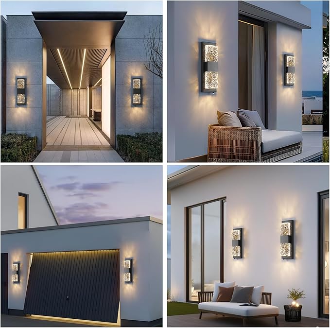 Dusk to Dawn Outdoor Lighting Fixture Wall Mounted - 14.2'' IP65 Waterproof Wall Sconce with 12W LED Crystal Modern Outside Wall Lamp for Hallway Doorway Porch Patio Backyard, Black, 1PCS