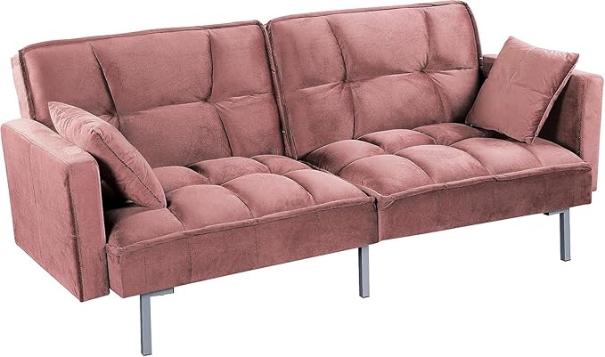 Container Furniture Direct Regal 75.6" Velvet Convertible Sofa Bed - Mid-Century Sleeper Couch w/Tufted Design & Metal Legs - Pull-Out Futon for Guests/Home (75.6" W x 34.6" D x 32" H), Rose