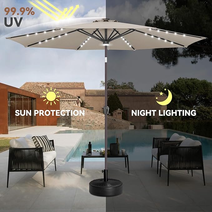 10FT Solar Umbrella Outdoor - Lighted Solar Patio Umbrella with 40 LED Lights Waterprool UV Protection, Table Umbrella with Tilt for Pool, Porch, Garden, Deck, Backyard (Taupe)