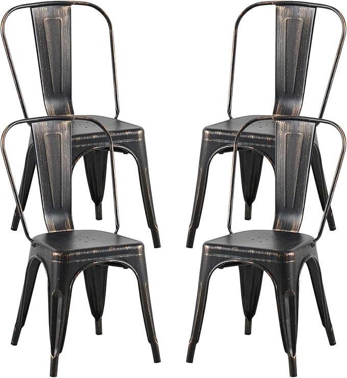 AC Pacific Stackable Metal Dining Chairs Set of 4 for Indoor and Outdoor Use, Durable Stacking Seat, Farmhouse Kitchen, Bar, Patio, Bistro, Cafe, Industrial Style, Sanded Matte Black