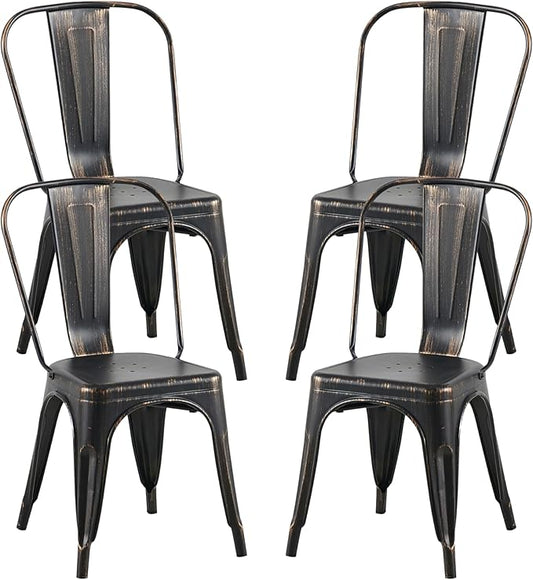 AC Pacific Stackable Metal Dining Chairs Set of 4 for Indoor and Outdoor Use, Durable Stacking Seat, Farmhouse Kitchen, Bar, Patio, Bistro, Cafe, Industrial Style, Sanded Matte Black