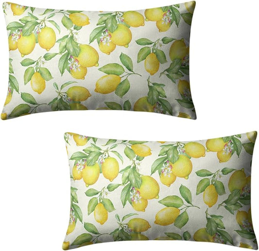 Lemon Pillow Covers 12x20 Set of 2 Yellow Green Fruits and Leaf Floral Throw Pillows Farmhouse Summer Outdoor Decorative Lumbar Pillow Case for Bed Couch Sofa Living Room