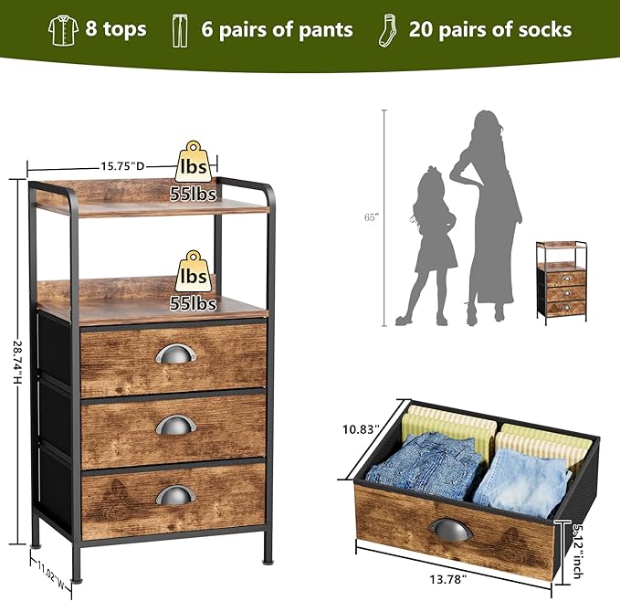 Night Stand with 3 Fabric Drawer and Sturdy Metal Frame, Modern Side Table Lightweight & Durable -55LB Load Capacity, Wear-Resistant & Easy-Clean Surface,Rustic Brown