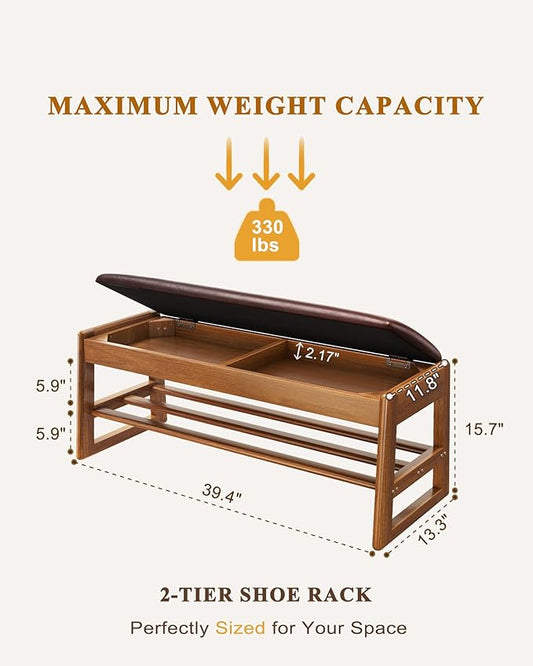 Shoe Rack Bench Seat Rubberwood 2-Tier Wooden Storage Bench 550lbs Compact Mid-Century Modern Design for Entryway, Hallway, Closet, Front Door Entrance, Foyer