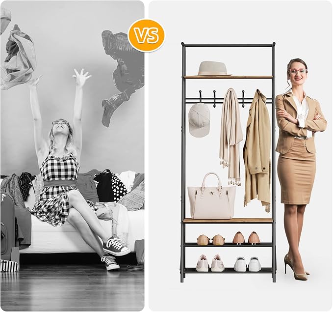 IDEALHOUSE Coat Rack Shoe Bench with 5 Hooks, Hall Trees Entryway Bench with Storage, Multifunctional Hallway Organizer, Wood Look Accent Furniture with Metal Frame for Entryway, Living Room, Bedroom