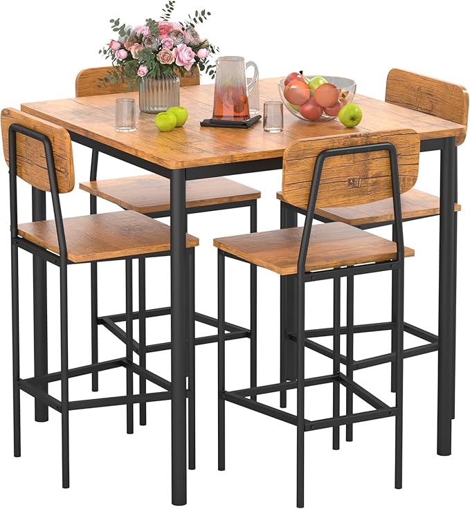 Kitchen Table and Chairs of 4, 5 Piece Dining Table Set, Sturdy Industrial Space Saving Dinette Set for Pub, Family Dinners, Apartment, Teak