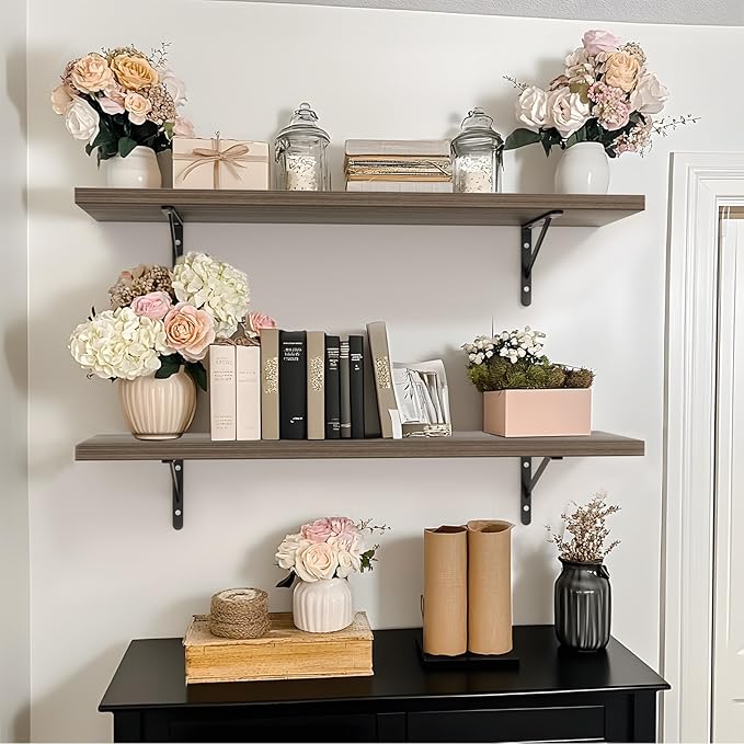 Kaboon 36 inch Long 10 inch Deep Floating Shelves for Wall Set of 2, Large Open Shelves Wall Mounted, Space Saving Home and Commercial Use, Eucalyptus