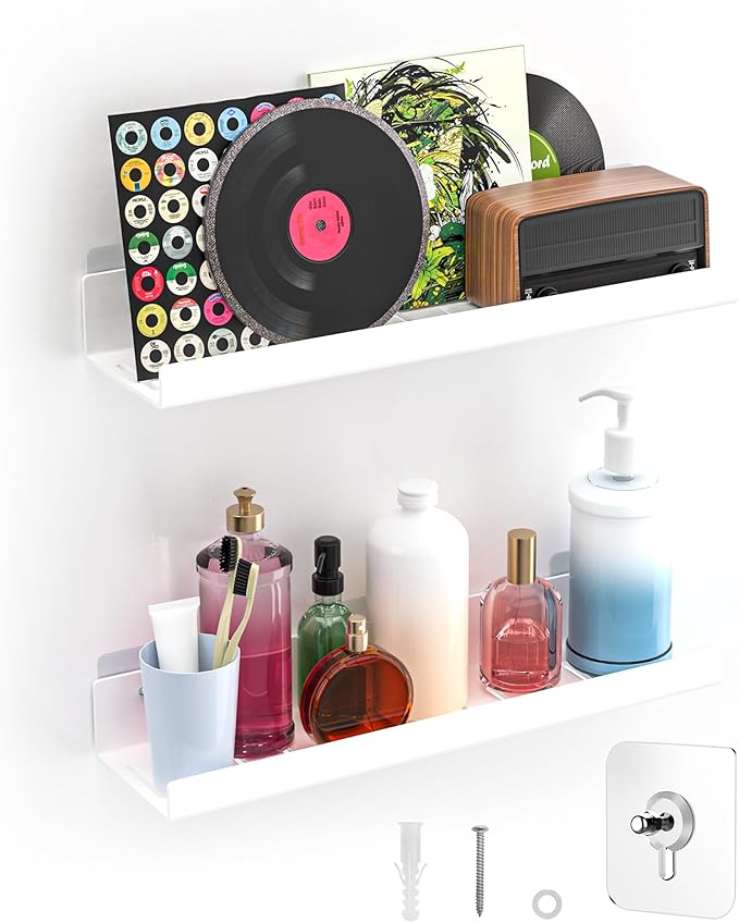 Floating Shelves – Acrylic/PET Wall-Mounted No Drill Storage with Adhesive, Invisible Bathroom & Bedroom Shelving for Kitchen, Living Room, Transparent Decor (White, 2-Piece Set)