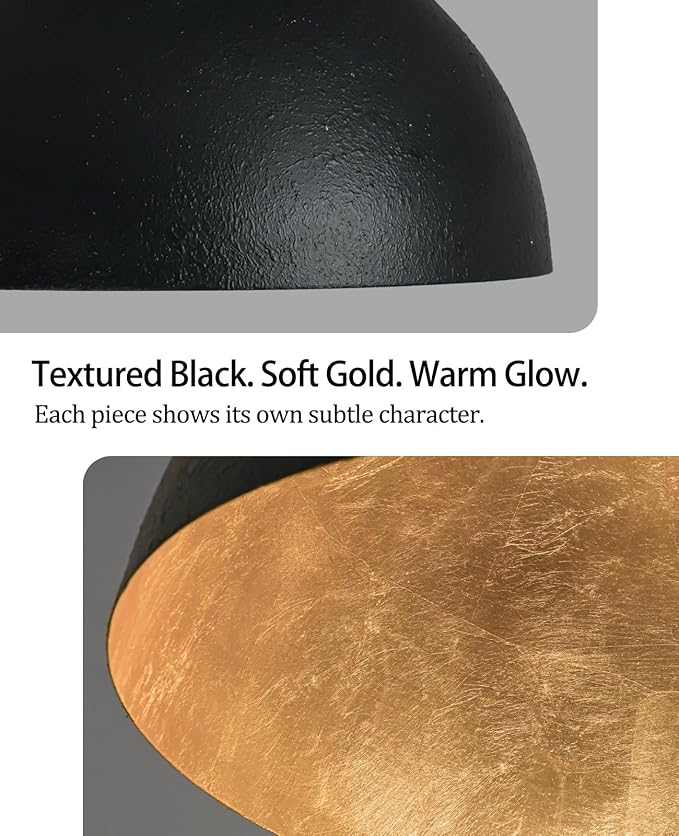 15 Inch Black and Gold Pendant Light, Bold Textured Matte Black Dome with Hand-Applied Gold Leaf Interior, Hanging Chandelier Fixture for Kitchen Island, Dining Room, or Bar