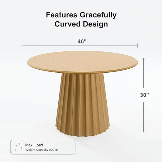 Casaphoria 46" Round Dining Table, Modern Wood Kitchen Table with Cone Shaped Strip Concave Base for Living Room & Dining Room, Easy Assembly Farmhouse Furniture for 4-6, Oak