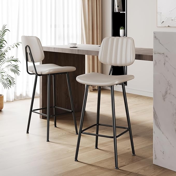29-Inch Leather Bar Stools Set of 2, Counter Height Barstools with High Backrest，Bar Chairs for Kitchen Island with Heavy Duty Metal Legs, Beige