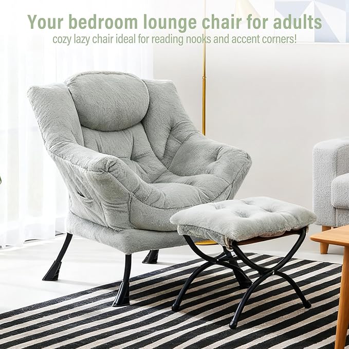 Lazy Chair with Ottoman, Modern Chair with Folding Footrest, Plush Green Accent Chair, Comfortable Reading Chair, Oversized Armchairs for Bedroom, Study, Living Room, Courtyard