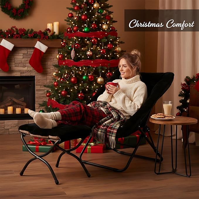 Comfy Folded Chair with Ottoman, Oversized Folding Faux Fur Chair Soft Furry Lazy Chair with Metal Frame Moon Chair Accent Chair for Bedroom, Living Room, Dorm Rooms