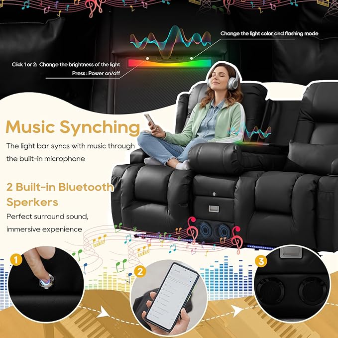IPKIG Power Recliner Sofa with Flip-Up Backrest Console, USB & USB-C Ports, AC Outlet, LED Lights, Wall Hugger Recliners for Living Room, RV (Midnight Black, 67" - 2 Seat) | Breathable Leather, Zero Gravity, Dual Reclining, 2 Lumabr Pillow, Bluetooth S...