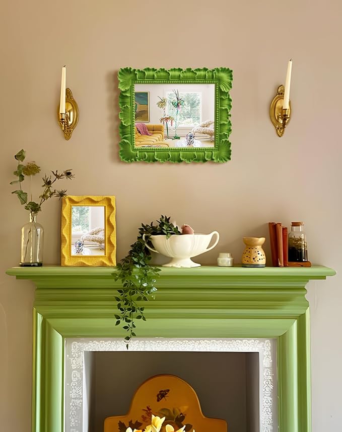Unique Mirror Wall Decor with Resin Leaf Frame and Soft Velvet Touch for Bedroom Aesthetic, 14x12 Decorative Hanging Mirror Art Gift for Wedding Birthday Housewarming Christmas (Lawn Green)