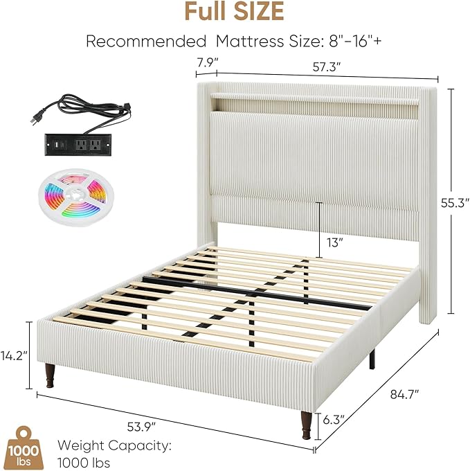 Full Size Bed Frame with Tall Headboard, 55.3" Corduroy Upholstered Platform Bedframe with LED Lights & Charging Station, Cream Full Beds, Wingback Storage Headboard, No Box Spring Needed, Wood Slats
