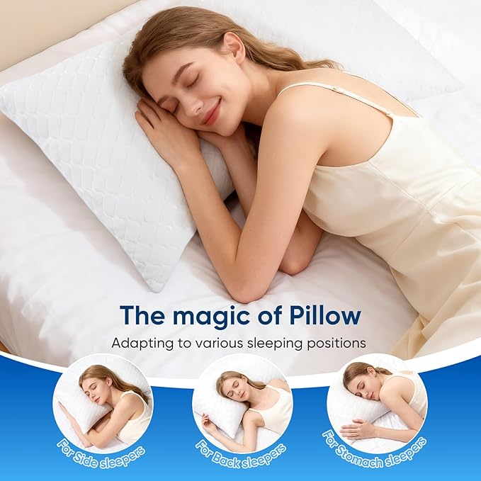 TWK Original Adjustable Bed Pillow for Sleeping, Good for Side, Back & Stomach Sleeper with Washable Removable Cover, Additional Foam Fill Included（(White, Queen Size (1 Pack))）