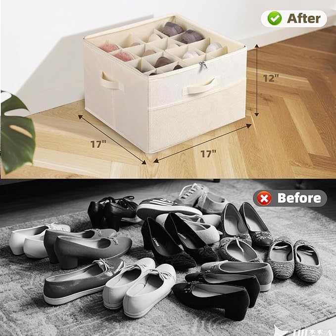 2 Pack Shoe Organizer for Closet: Fits up to 16-32 Pairs, Foldable Shoe Storage Organizer Bin with Adjustable Dividers and Clear Cover, Shoe Storage Containers for Wardrobe