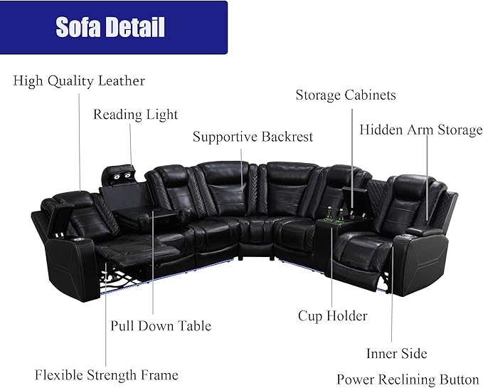 Power Reclining Sectional Sofa with Chair, Electric Recliner Sectional Sofa, Black Leather Power Recliner Couch, High-Density Rebound Sponge, Read Lights, USB Type C Charging for Living Room