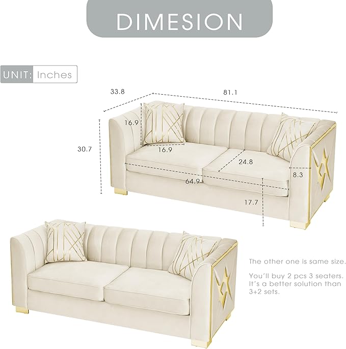 KEIKI 2-Piece Luxury Chesterfield Sofa Set with 2 Oversized Velvet 3-Seater Sofa, Upholstered Modern 6-Seater Button Tufted Couch Set with 4 Pillow, Gold Stainless Decoration, for Living Room, Beige