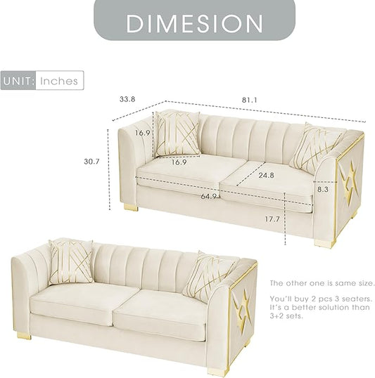 KEIKI 2-Piece Luxury Chesterfield Sofa Set with 2 Oversized Velvet 3-Seater Sofa, Upholstered Modern 6-Seater Button Tufted Couch Set with 4 Pillow, Gold Stainless Decoration, for Living Room, Beige