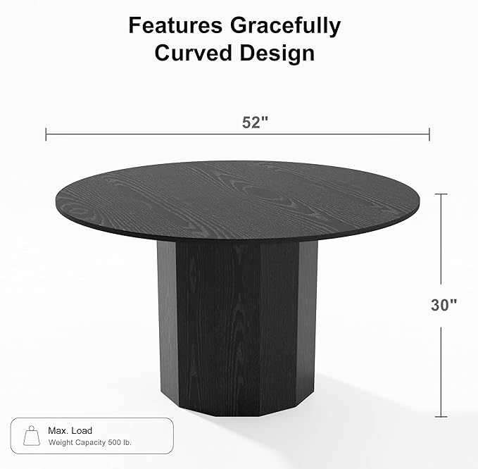 Casaphoria 52" Round Dining Table, Modern Wood Kitchen Table with Cylinder Polygonal Base for Living Room & Dining Room, Easy Assembly Farmhouse Furniture for 4-6, Black