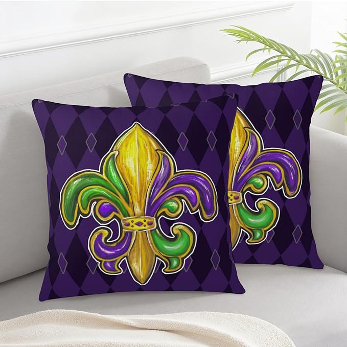 Mardi Gras Pillow Covers 22x22 Set of 2 Fleur De Lis Decorative Throw Pillows Purple Green Gold Outdoor Decorative Holiday Pillow Cases for Porch Sofa Couch Party Decor