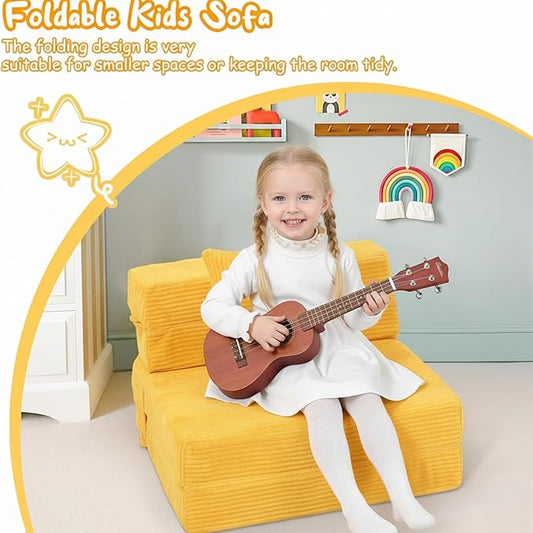 MeMoreCool Folding Sofa for Kids, Corduroy Fold Out Futon Chair, Small Foldable Floor Mattress, Portable Children Couch Sofa, Yellow