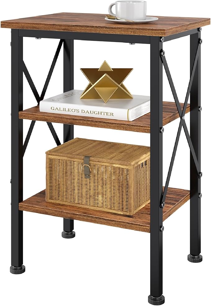 VECELO End Table, Nightstand, 24" Tall Living Room Side Tables, X-Design Reinforced Bedside Table, Nightstands with 3-Tier Storage Shelves for Small Spaces, Office, Bathroom, Bedroom, Retro Brown