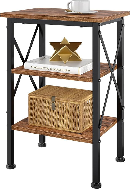 VECELO End Table, Nightstand, 24" Tall Living Room Side Tables, X-Design Reinforced Bedside Table, Nightstands with 3-Tier Storage Shelves for Small Spaces, Office, Bathroom, Bedroom, Retro Brown