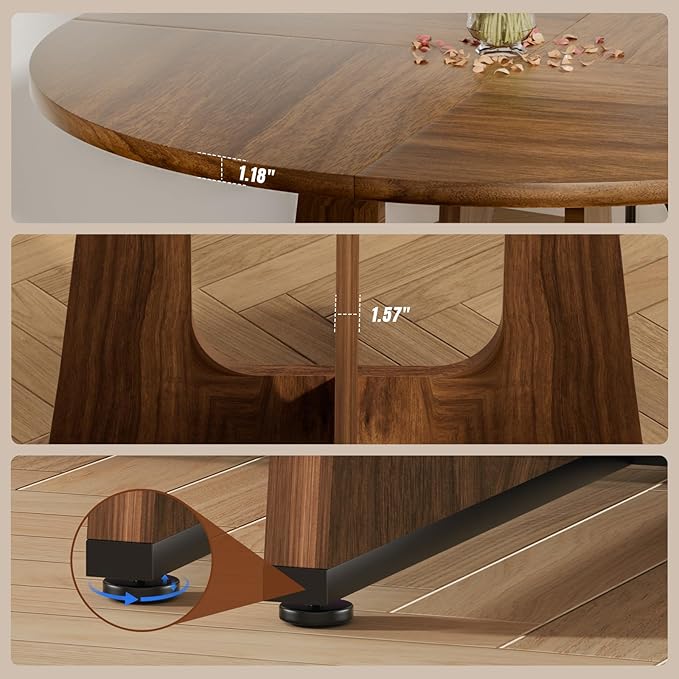 47" Round Dining Table for 4-6, Farmhouse Wood Kitchen Table, Mid-Century Wooden Circle Dinner Room Table Easy Assembly for Dining Room, Kitchen, Living Room (Walnut Wood)