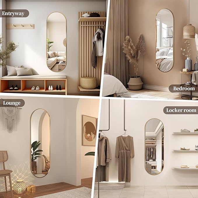 Oval Full Length Mirror, 55"×18" Wall-Mounted Mirror with Gold Frame, Ultra-Clear Explosion-Proof Dressing Mirror, Simple and Classic Deco for Cloakroom/Bedroom/Living Room