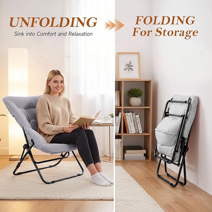 Comfy Dorm Chair - Oversized Folding Saucer Chair with Soft Faux Fur, Metal Frame, for Bedroom, Living Room, Balcony, Patio, Study, Playroom (Grey)